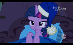 Size: 1680x1050 | Tagged: safe, screencap, twilight sparkle, alicorn, pony, g4, power ponies (episode), bed, blanket, cap, cute, female, hat, hub logo, hubble, lidded eyes, mare, nightcap, pillow, smiling, solo, twilight sparkle (alicorn)