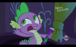 Size: 1680x1050 | Tagged: safe, screencap, spike, dragon, g4, power ponies (episode), season 4, comic book, hub logo, hubble, letterboxing, male, solo, the hub, tongue out, wingless spike