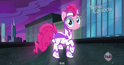 Size: 1151x607 | Tagged: safe, screencap, fili-second, pinkie pie, g4, power ponies (episode), clothes, costume, female, first, hub logo, hubble, meme, power ponies, solo, the hub, youtube caption