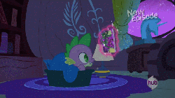 Size: 854x478 | Tagged: safe, screencap, spike, dragon, g4, power ponies (episode), animated, bed, book, comic, comic book, happy, hub logo, lamp, light, male, night, on, reading, solo