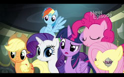 Size: 1680x1050 | Tagged: safe, screencap, applejack, fluttershy, pinkie pie, rainbow dash, rarity, twilight sparkle, alicorn, pony, g4, power ponies (episode), female, hub logo, mane six, mare, twilight sparkle (alicorn)