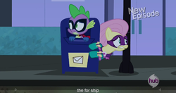Size: 1152x608 | Tagged: safe, screencap, fluttershy, saddle rager, spike, g4, power ponies (episode), humdrum costume, mailbox, meme, power ponies, youtube caption