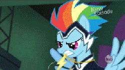 Size: 320x180 | Tagged: safe, screencap, blow dry, neon brush, rainbow dash, zapp, pegasus, pony, g4, power ponies (episode), animated, female, glowing eyes, hub logo, male, mane-iac's minions, mare, minions, mouth hold, nose in the air, power ponies, tornado