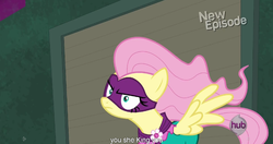Size: 1152x608 | Tagged: safe, screencap, fluttershy, saddle rager, g4, power ponies (episode), female, meme, power ponies, solo, youtube caption
