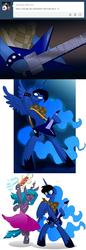 Size: 733x2129 | Tagged: safe, artist:jokerpony, princess luna, queen chrysalis, pony, ask teen chrysalis, g4, bipedal, clothes, comic, dress, goth, guitar, metal, musical instrument, romani, tambourine, tumblr