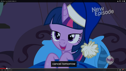 Size: 1600x900 | Tagged: safe, screencap, twilight sparkle, alicorn, pony, g4, power ponies (episode), bed, female, hat, mare, meme, nightcap, solo, twilight sparkle (alicorn), youtube caption