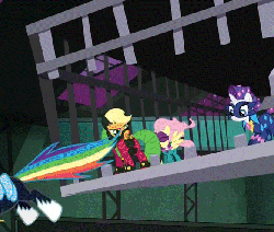 Size: 582x495 | Tagged: safe, edit, edited screencap, screencap, applejack, fluttershy, mistress marevelous, radiance, rarity, saddle rager, g4, power ponies (episode), animated, cage, fabulous, female, neon, power ponies, prancing, stairs