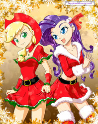 Size: 1181x1495 | Tagged: safe, artist:nancysauria, applejack, rarity, human, g4, belly button, christmas, clothes, dress, duo, female, humanized, light skin, midriff, open mouth, skirt