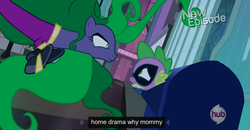 Size: 1600x830 | Tagged: safe, screencap, mane-iac, spike, g4, power ponies (episode), humdrum costume, maretropolis, meme, power ponies, youtube caption