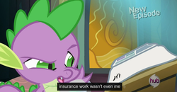 Size: 1600x830 | Tagged: safe, screencap, spike, dragon, g4, power ponies (episode), comic book, insurance, male, meme, solo, youtube caption