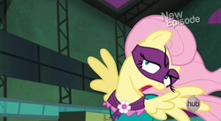 Size: 851x468 | Tagged: safe, fluttershy, saddle rager, g4, power ponies (episode), female, hub logo, power ponies, solo