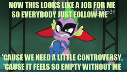 Size: 652x370 | Tagged: safe, spike, g4, power ponies (episode), eminem, humdrum costume, lyrics, male, meme, power ponies, solo, song reference, without me (eminem)