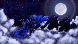 Size: 2000x1125 | Tagged: safe, artist:esuka, princess luna, g4, cloud, cloudy, comet, female, moon, shooting star, solo