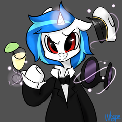Size: 1000x1000 | Tagged: safe, artist:wherewolfs, dj pon-3, vinyl scratch, pony, g4, bipedal, bowtie, clothes, drink, female, glass, glasses, gray background, hat, magic, red eyes, simple background, smiling, solo, suit