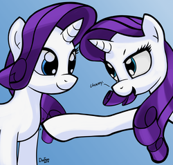Size: 5696x5456 | Tagged: safe, artist:dimfann, rarity, g4, absurd resolution, bedroom eyes, duality, eye contact, open mouth, pointing, poking, self ponidox, smiling