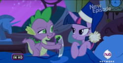 Size: 1366x700 | Tagged: safe, spike, twilight sparkle, alicorn, pony, g4, power ponies (episode), season 4, caption, female, mare, twilight sparkle (alicorn)