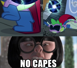 Size: 600x530 | Tagged: safe, spike, dragon, human, g4, cape, caption, clothes, edna mode, humdrum costume, meme, no capes, power ponies, superhero, the incredibles