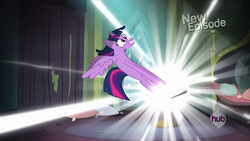 Size: 1920x1080 | Tagged: safe, screencap, twilight sparkle, alicorn, pony, g4, power ponies (episode), female, great moments in animation, long pony, mare, new episode, portal book, solo, twilight sparkle (alicorn)