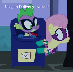 Size: 882x873 | Tagged: safe, fluttershy, saddle rager, spike, g4, power ponies (episode), humdrum costume, power ponies