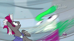 Size: 1920x1080 | Tagged: safe, screencap, blow dry, neon brush, earth pony, pony, g4, power ponies (episode), duo, great moments in animation, henchmen, hub logo, male, minion, smear frame, stallion, tornado