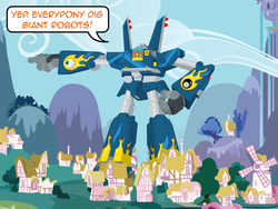 Size: 640x480 | Tagged: safe, artist:aha-mccoy, oc, oc:aha mclovin, crossover, giant robot, megas xlr, ponyville, speech bubble