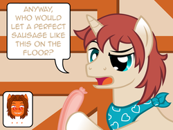 Size: 640x480 | Tagged: safe, artist:aha-mccoy, oc, oc only, oc:aha mclovin, oc:corel, pony, unicorn, food, male, meat, neckerchief, offscreen character, rule 63, sausage, speech bubble, stallion