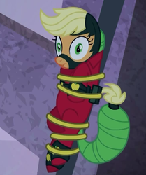 Size: 361x432 | Tagged: safe, screencap, applejack, mistress marevelous, pony, g4, power ponies (episode), female, flipped, lasso, mare, power ponies, rope, scrunchy face, silly, silly pony, solo, tied up, upside down