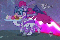 Size: 704x468 | Tagged: safe, screencap, fili-second, pinkie pie, earth pony, pony, g4, power ponies (episode), season 4, animated, cupcake, eating, female, gif, glasses, gotta go fast, hoof hold, hub logo, loop, mare, new episode, power ponies, running, solo, speed trail, superhero