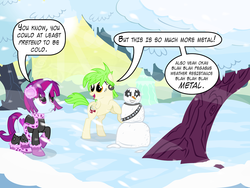 Size: 1280x960 | Tagged: safe, artist:violetclm, cherry crash, mystery mint, pony, equestria girls, g4, background human, carrot, clothes, dialogue, earmuffs, equestria girls ponified, kiss (band), ponified, scarf, shimmer six, snow, snowman, speech bubble