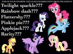 Size: 960x720 | Tagged: safe, applejack, fluttershy, pinkie pie, rainbow dash, rarity, twilight sparkle, g4, favorite pony, least favorite pony, mane six, meme, text, twilight sparkle (alicorn), what is a forum?