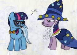 Size: 2474x1780 | Tagged: safe, artist:drewdini, star swirl the bearded, trixie, twilight sparkle, g4, alternate hairstyle, annoyed, bowtie, clothes, costume, frown, glare, glasses, night, nightmare night, nose wrinkle, traditional art