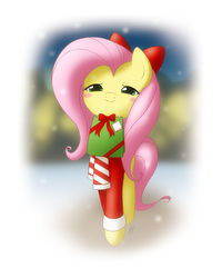 Size: 800x1000 | Tagged: safe, artist:jdan-s, fluttershy, g4, bottomless, bow, clothes, cute, female, partial nudity, present, shyabetes, snow, snowfall, solo, sweater, sweatershy