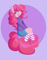 Size: 665x852 | Tagged: safe, artist:daikaluff, pinkie pie, earth pony, anthro, g4, clothes, cute, female, happy, missing shoes, socks, solo, striped socks