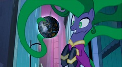 Size: 849x466 | Tagged: safe, edit, edited screencap, screencap, mane-iac, earth pony, pony, g4, power ponies (episode), cybertron, electro orb meme, female, mare, solo, transformers