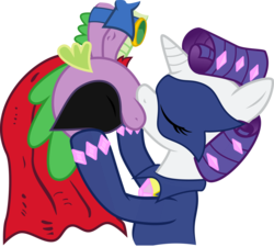 Size: 7000x6311 | Tagged: safe, artist:medio-cre, artist:steghost, radiance, rarity, spike, dragon, pony, unicorn, g4, power ponies (episode), absurd resolution, duo, female, humdrum costume, kiss on the lips, kissing, male, mare, parody, power ponies, ship:sparity, shipping, simple background, spider-man, straight, transparent background, upside down, upside down kiss