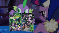 Size: 1280x720 | Tagged: safe, idw, queen chrysalis, spike, twilight sparkle, alicorn, changeling, changeling queen, dragon, pony, unicorn, g4, book, comic, comic book, comic book meme, female, male, mare, twilight sparkle (alicorn), unicorn twilight