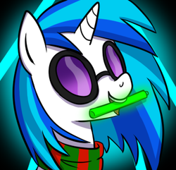 Size: 350x337 | Tagged: safe, artist:saber-panda, dj pon-3, vinyl scratch, g4, christmas, clothes, female, glowstick, scarf, solo