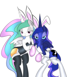 Size: 1600x1858 | Tagged: safe, artist:qcryzzy, artist:zev, princess celestia, princess luna, pony, g4, bedroom eyes, bipedal, bunny ears, bunny suit, bunnylestia, clothes, cuffs (clothes), female, leotard, mare, simple background, stockings, transparent background, vector