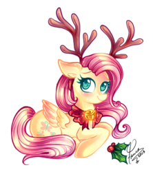 Size: 455x513 | Tagged: safe, artist:caramelflower, fluttershy, g4, antlers, bell, bell collar, bow, christmas, collar, female, holly, jingle bells, reindeer antlers, simple background, solo, transparent background