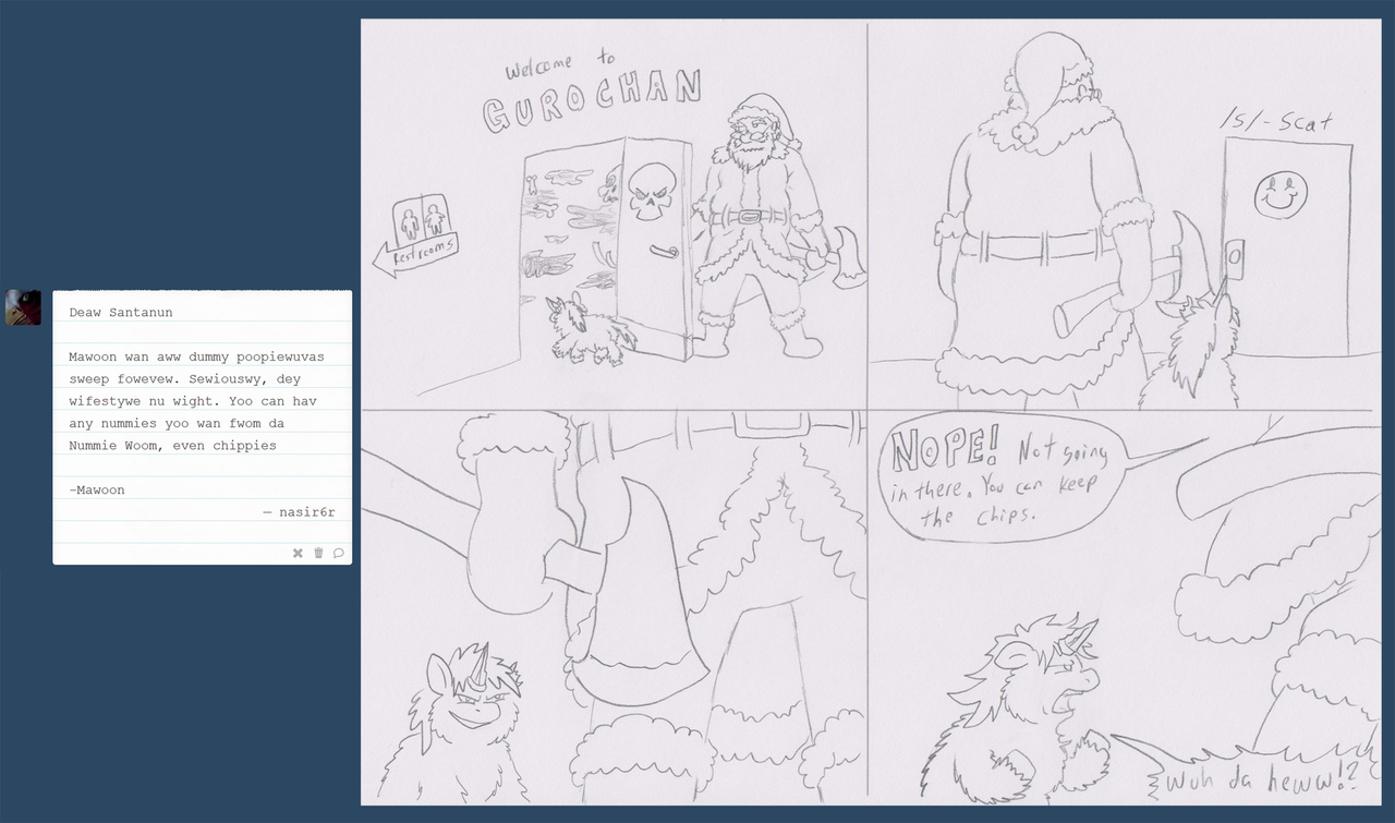 #503473 - questionable, artist:santanon, fluffy pony, christmas, comic,  guro-chan, maroon, poop, scat, tumblr - Derpibooru