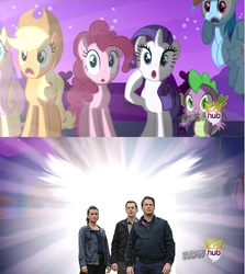 Size: 912x1024 | Tagged: safe, applejack, fluttershy, pinkie pie, rainbow dash, rarity, spike, g4, alicorn flash, exploitable meme, hub logo, meme, ncis, tim mcgee, tony dinozzo, ziva david