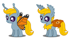 Size: 1215x685 | Tagged: safe, oc, oc only, flutter pony, mothpony, original species, critique requested, cute, filly, fluffy, simple background, smiling, standing, test, vector, white background