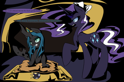 Size: 1000x665 | Tagged: safe, artist:lollypopa, nightmare rarity, queen chrysalis, ask thequeens, g4, ask, dialogue, mane, tongue out, tumblr