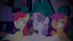 Size: 1280x720 | Tagged: safe, artist:jan, apple bloom, scootaloo, sweetie belle, earth pony, pegasus, pony, unicorn, ask the crusaders, comic:slender belle, g4, bed, cutie mark crusaders, female, filly, foal, lying down, lying on bed, on bed, scrunchy face, trio, trio female