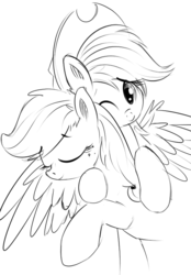 Size: 544x782 | Tagged: safe, artist:xioade, applejack, rainbow dash, earth pony, pegasus, pony, g4, accessory swap, black and white, eyebrows, eyebrows visible through hair, eyes closed, female, grayscale, hug, lesbian, mare, monochrome, one eye closed, raised hoof, ship:appledash, shipping, smiling, spread wings, wings