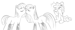 Size: 1201x488 | Tagged: safe, artist:xioade, limestone pie, marble pie, pinkie pie, earth pony, pony, g4, black and white, camera, female, grayscale, incest, kiss on the lips, kissing, lesbian, mare, monochrome, pie sisters, piecest, ship:marblime, shipping, trio