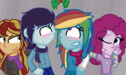 Size: 800x480 | Tagged: safe, artist:imtailsthefoxfan, pinkie pie, rainbow dash, soarin', sunset shimmer, equestria girls, g4, clothes, female, holly, holly mistaken for mistletoe, male, scarf, ship:soarindash, shipping, straight