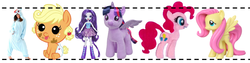 Size: 1800x457 | Tagged: safe, applejack, fluttershy, pinkie pie, rainbow dash, rarity, twilight sparkle, alicorn, human, hybrid, pony, g4, age regression, baby, baby pony, build-a-bear, creepy, eared humanization, irl, irl human, mane six, photo, plushie, sarcasm, simple background, toy, twilight sparkle (alicorn), vector, white background, young, younger