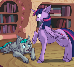 Size: 1000x909 | Tagged: safe, artist:foxenawolf, twilight sparkle, oc, oc:whirring cogs, alicorn, pegasus, pony, fanfic:change of life, g4, commission, crying, fanfic art, golden oaks library, horn, library, twilight sparkle (alicorn), unshorn fetlocks, wings