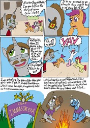 Size: 707x1000 | Tagged: safe, artist:wolfman-al, apple bloom, scootaloo, sweetie belle, trixie, oc, g4, braces, comic, cutie mark crusaders, dialogue